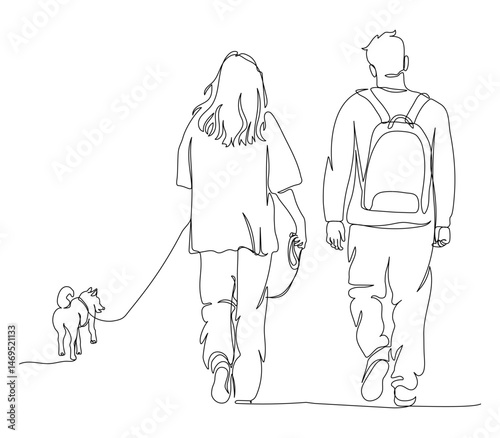Couple with dog walking away. Man with backpack. Back view.  Black and white vector illustration in line art style.