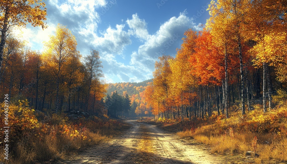 Fototapeta premium Autumn forest road. Sunlight streams through colorful trees