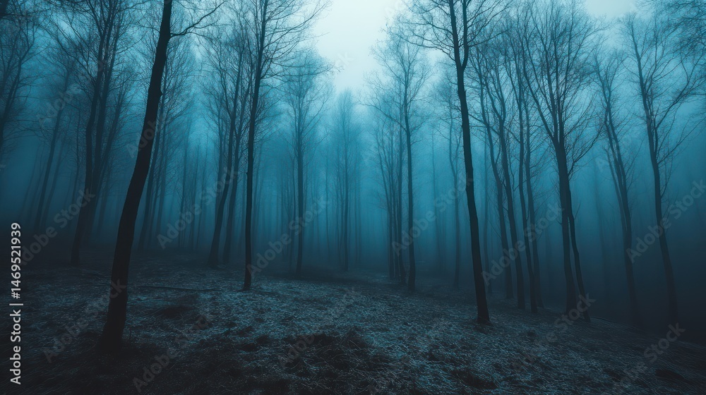 Fototapeta premium Enigmatic teal-toned forest landscape veiled in dense atmospheric mist