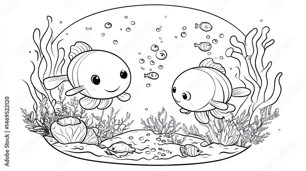 Fototapeta premium Two cartoon fish swimming, ocean background, coloring page