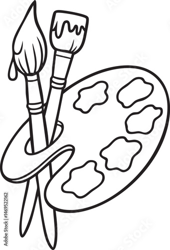 Artist palette with brushes line art vector illustration	