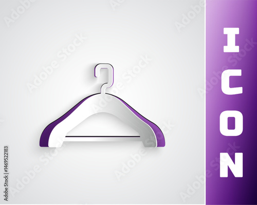 Paper cut Hanger wardrobe icon isolated on grey background. Cloakroom icon. Clothes service symbol. Laundry hanger sign. Paper art style. Vector