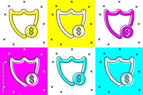 Set Shield with dollar symbol icon isolated on color background. Security shield protection. Money security concept. Vector