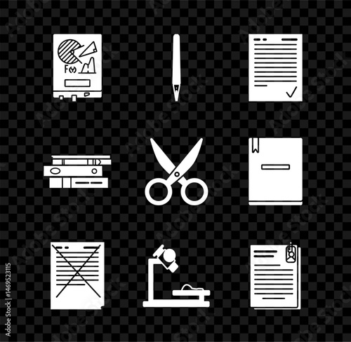 Set Board with graph chart, Pen, Exam sheet check mark, paper incorrect answers survey, Microscope, File document and clip, Office folders papers documents and Scissors icon. Vector
