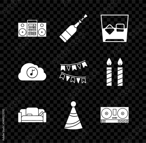 Set Home stereo with two speakers, Glass of whiskey and ice cubes, Sofa, Party hat, DJ remote for playing mixing music, Music streaming service and Carnival garland flags icon. Vector
