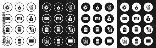 Set Target with graph chart, Board, Safe, Money bag, Pie infographic and Document icon. Vector