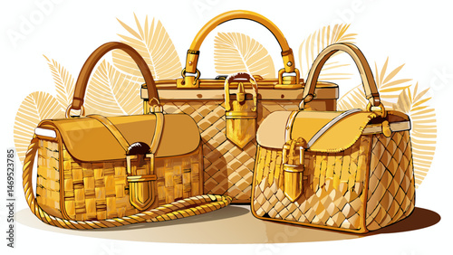 Woven wicker handbags with gold hardware and long straps  Very beautiful white background