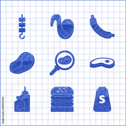 Set Steak meat in frying pan, Burger, Salt, Sauce bottle, Sausage and Grilled shish kebab on skewer stick icon. Vector