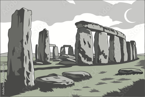 46 ruins, ancient stone circle, weathered rocks, grassy landscape, symbolic architecture, massive pillars, mystic monument, historical landmark, photorealistic, detailed, 3d render, highly detailed, v