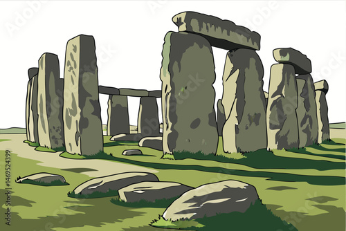 46 ruins, ancient stone circle, weathered rocks, grassy landscape, symbolic architecture, massive pillars, mystic monument, historical landmark, photorealistic, detailed, 3d render, highly detailed, v