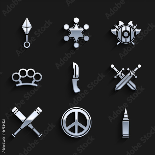 Set Military knife, Peace, Bullet, Crossed medieval sword, baseball bat, Brass knuckles, Medieval shield with crossed axes and Japanese ninja shuriken icon. Vector