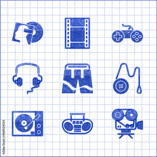Set Short or pants, Home stereo with two speakers, Retro cinema camera, Yoyo toy, Vinyl player, Headphones, Gamepad and disk icon. Vector