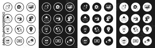 Set Monitor with graph chart, SEO optimization, Mail and e-mail, Magnet money, Chess, Customer product rating, Target and Advertising icon. Vector