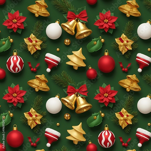 Festive 3D Render: Red, Gold & Green Christmas Pattern AI Generated