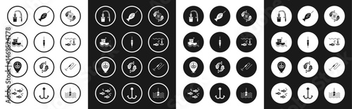 Set Fish, Fishing float, boat with fishing rod on water, and, hook under, line and Location icon. Vector