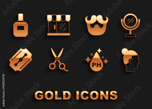 Set Scissors hairdresser, Hand mirror, Hairstyle for men, Oil care treatment, Blade razor, Mustache beard, Aftershave and Barbershop building icon. Vector