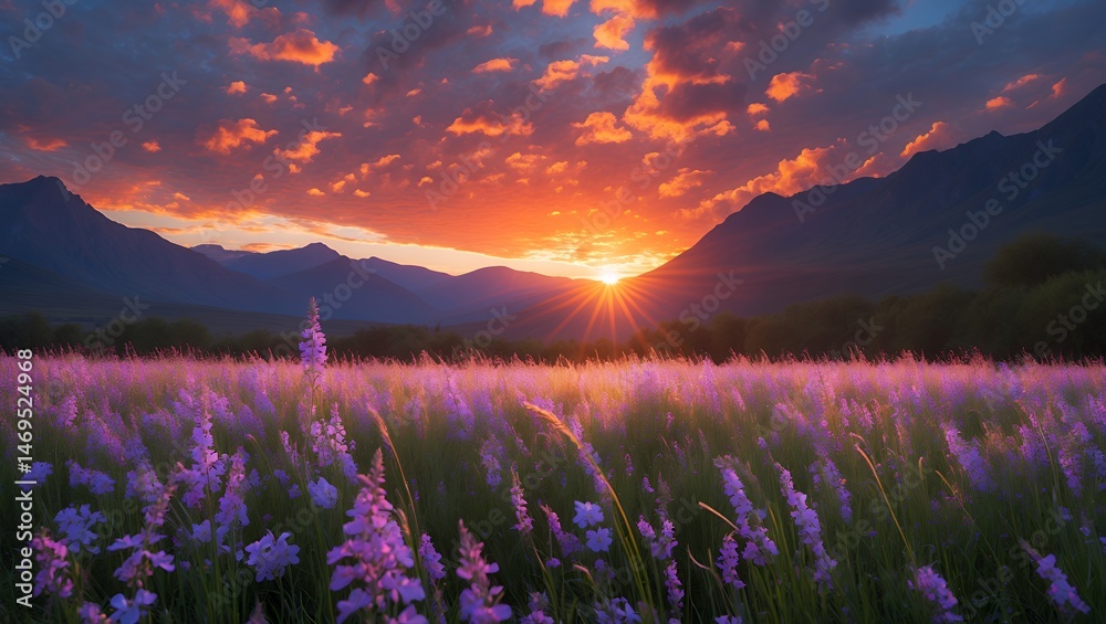 Fototapeta premium Lavender Field at Sunset with Mountain Backdrop and Dramatic Sky