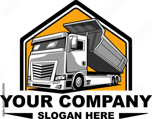 Dump truck logo design template. Dump truck unloading illustration concept.