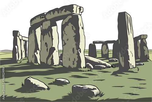 46 ruins, ancient stone circle, weathered rocks, grassy landscape, symbolic architecture, massive pillars, mystic monument, historical landmark, photorealistic, detailed, 3d render, highly detailed, v