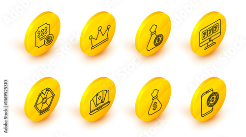 Set line Online poker table game, Money bag, Lucky wheel, slot machine with lucky sevens jackpot, and casino chips, Crown and icon. Vector