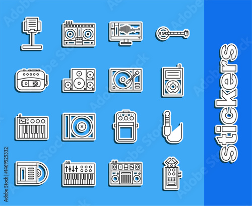 Set line Microphone, Audio jack, Music MP3 player, Sound or audio recorder monitor, Stereo speaker, tape, stand and Vinyl with vinyl disk icon. Vector