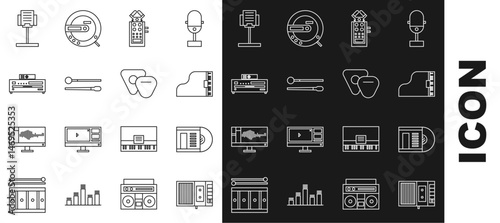 Set line Music tape player, Vinyl disk, Grand piano, Microphone, Drum sticks, CD, stand and Guitar pick icon. Vector