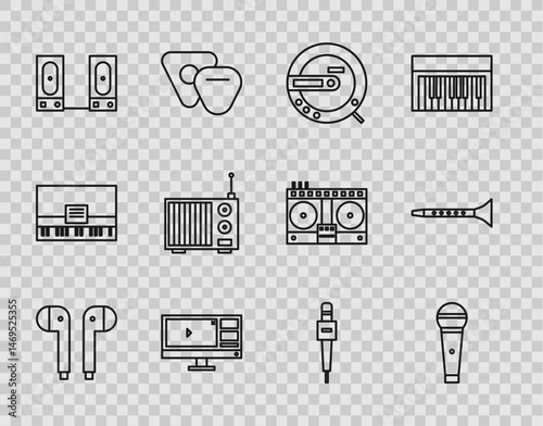 Set line Air headphones, Microphone, Music CD player, Video recorder or editor software monitor, Stereo speaker, Radio with antenna, and Clarinet icon. Vector
