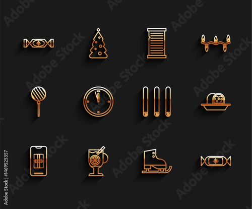 Set line Smartphone with gift box, Mulled wine glass of drink, Candy, Figure skates, Clock, Marzipan sponge cake and Three rolled sticks cinnamon icon. Vector
