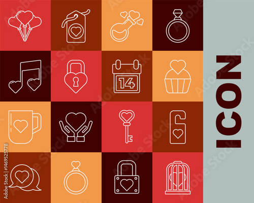 Set line Heart in the bird cage, Please do not disturb with heart, Wedding cake, Bottle love potion, Castle shape of, Music note, tone hearts, Balloons form and Calendar February 14 icon. Vector