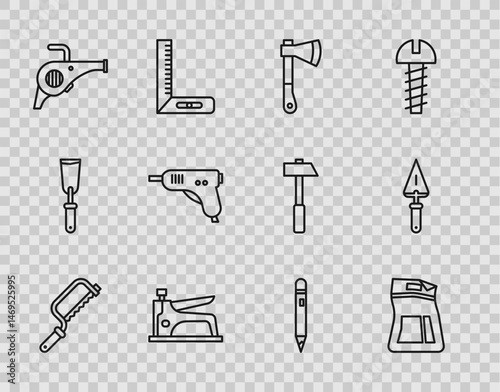 Set line Hacksaw, Cement bag, Wooden axe, Construction stapler, Leaf garden blower, Electric hot glue gun, Pencil with eraser and Trowel icon. Vector