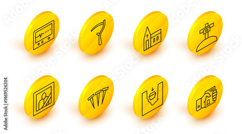 Set line Death certificate in hand, Coffin grave, Metallic nails, Mourning photo frame, Grave with cross, Church building, Scythe and Beat dead monitor icon. Vector