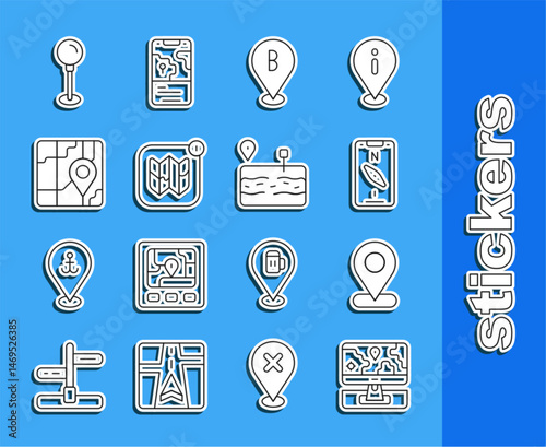 Set line Monitor with location marker, Location, Compass mobile, Infographic of city map, City navigation, Push pin and Broken road icon. Vector