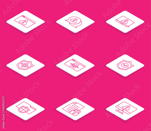 Set line Browser with exclamation mark, Exclamation in triangle, Laptop, Shield, incognito window, check, Document folder protection and and lock icon. Vector