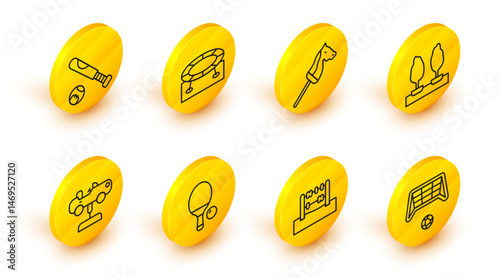Set line Soccer goal with ball, Abacus, Racket and, Swing car, Forest, Toy horse, Jumping trampoline and Baseball bat icon. Vector