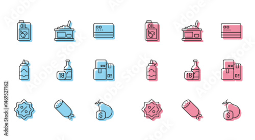Set line Discount percent tag, Salami sausage, Bottle of olive oil, Price for pear, Wine bottle, Cash register machine, Sauce and Tin can with caviar icon. Vector