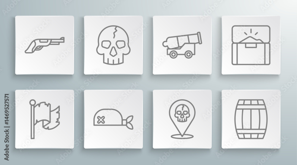 Set line Pirate flag, Skull, bandana for head, Location pirate, Wooden barrel, Cannon, Antique treasure chest and Vintage pistol icon. Vector Set line Pirate flag, Skull, bandana for head, Location pirate, Wooden barrel, Cannon, Antique treasure chest and Vintage pistol icon. Vector