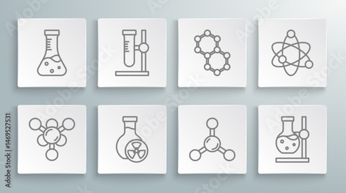 Set line Molecule, Test tube flask on stand, with toxic liquid, Atom and icon. Vector