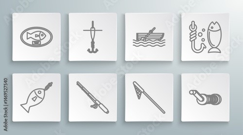Set line Fish on hook, Fishing and float, rod, net, Spinning reel for fishing, boat with oars water, and trophy hanging the board icon. Vector