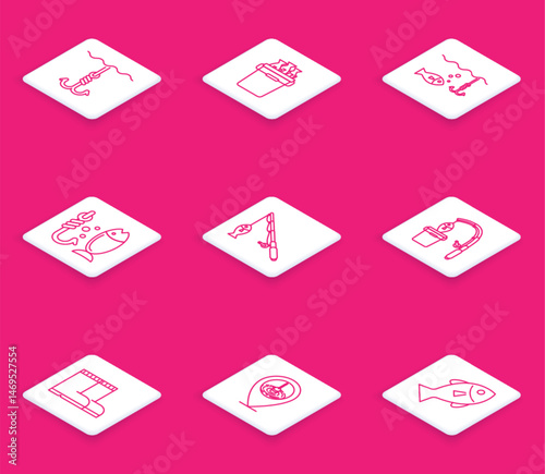 Set line Fishing hook under water, bucket with fishes, rod and, boots and Location fishing icon. Vector