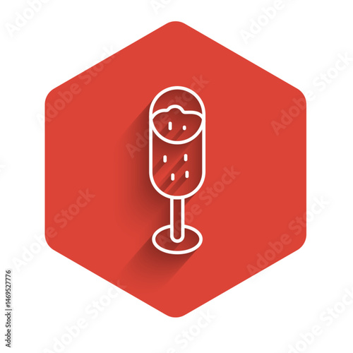 White line Glass of champagne icon isolated with long shadow. Merry Christmas and Happy New Year. Red hexagon button. Vector