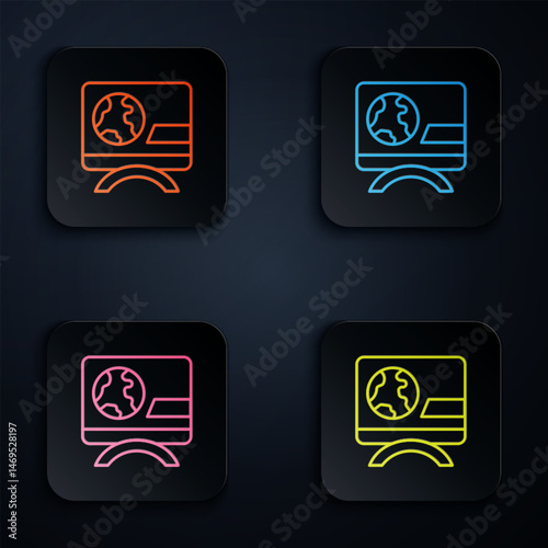 Color neon line Breaking news icon isolated on black background. News on television. News anchor broadcasting. Mass media. Evening news. Set icons in square buttons. Vector