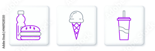 Set line Paper glass with drinking straw and water, Bottle of burger and Ice cream waffle cone icon. Vector