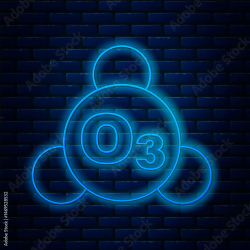Glowing neon line Ozone molecule icon isolated on brick wall background. Ozone, O3, trioxygen, inorganic molecule. Structural chemical formula and molecule model. Vector