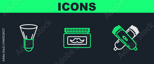 Set line Crossed electrical hair clipper or shaver, Shaving brush and Cream lotion cosmetic jar icon. Vector