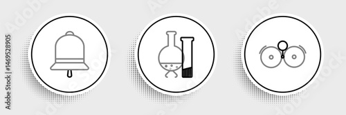 Set line Ringing alarm bell, and Test tube and flask chemical laboratory test icon. Vector
