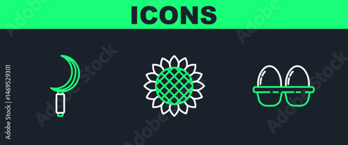 Set line Chicken egg in box, Sickle and Sunflower icon. Vector