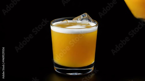 Refreshing Golden Beverage with Ice Cubes in a Glass