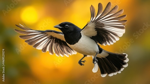Black and white bird in flight against a warm backdrop photo