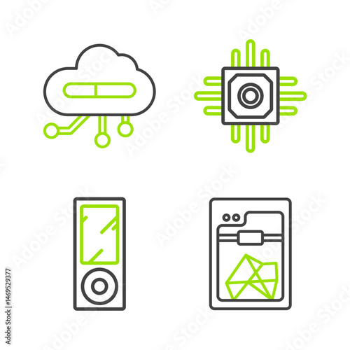 Set line 3D printer, Music player, Processor and Internet of things icon. Vector