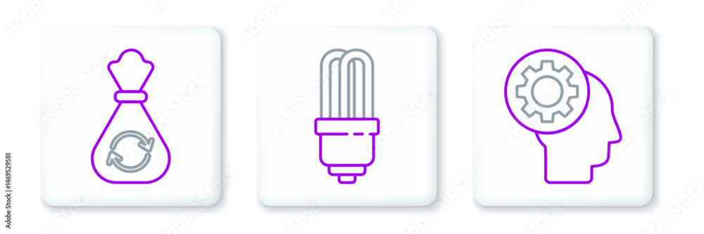 Set line Human head with gear inside, Garbage bag recycle and LED light bulb icon. Vector Set line Human head with gear inside, Garbage bag recycle and LED light bulb icon. Vector